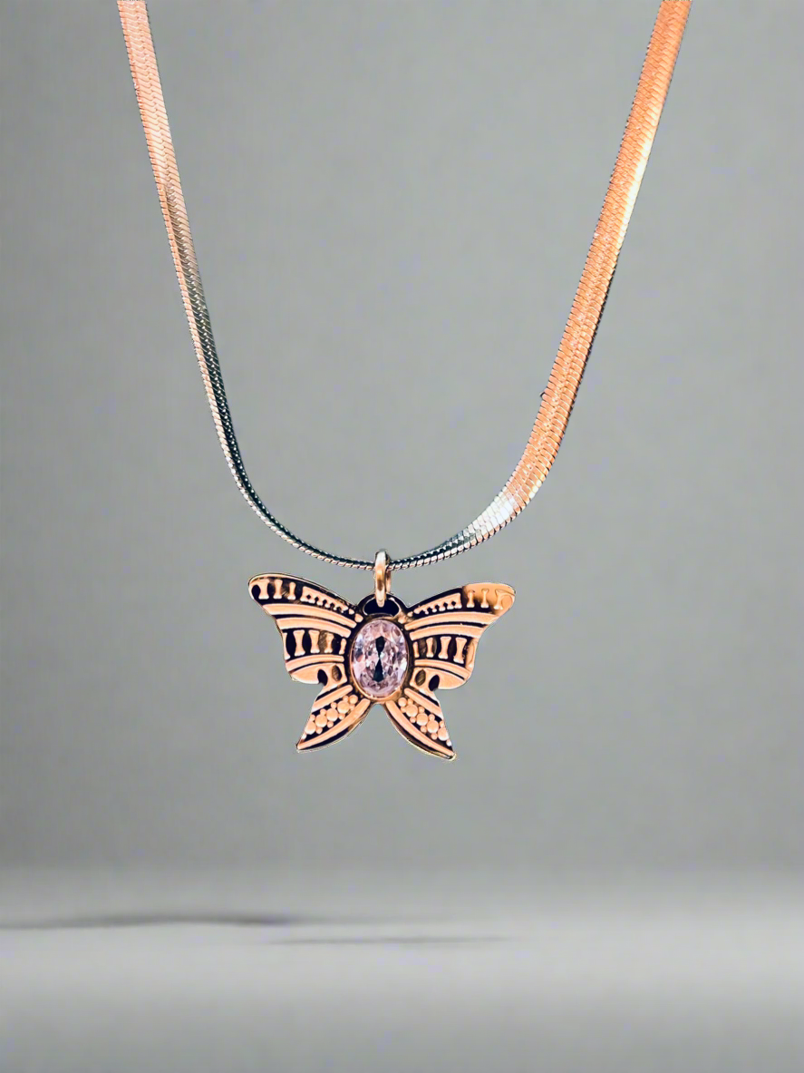 Gold Butterfly With Diamond Pendant Necklace