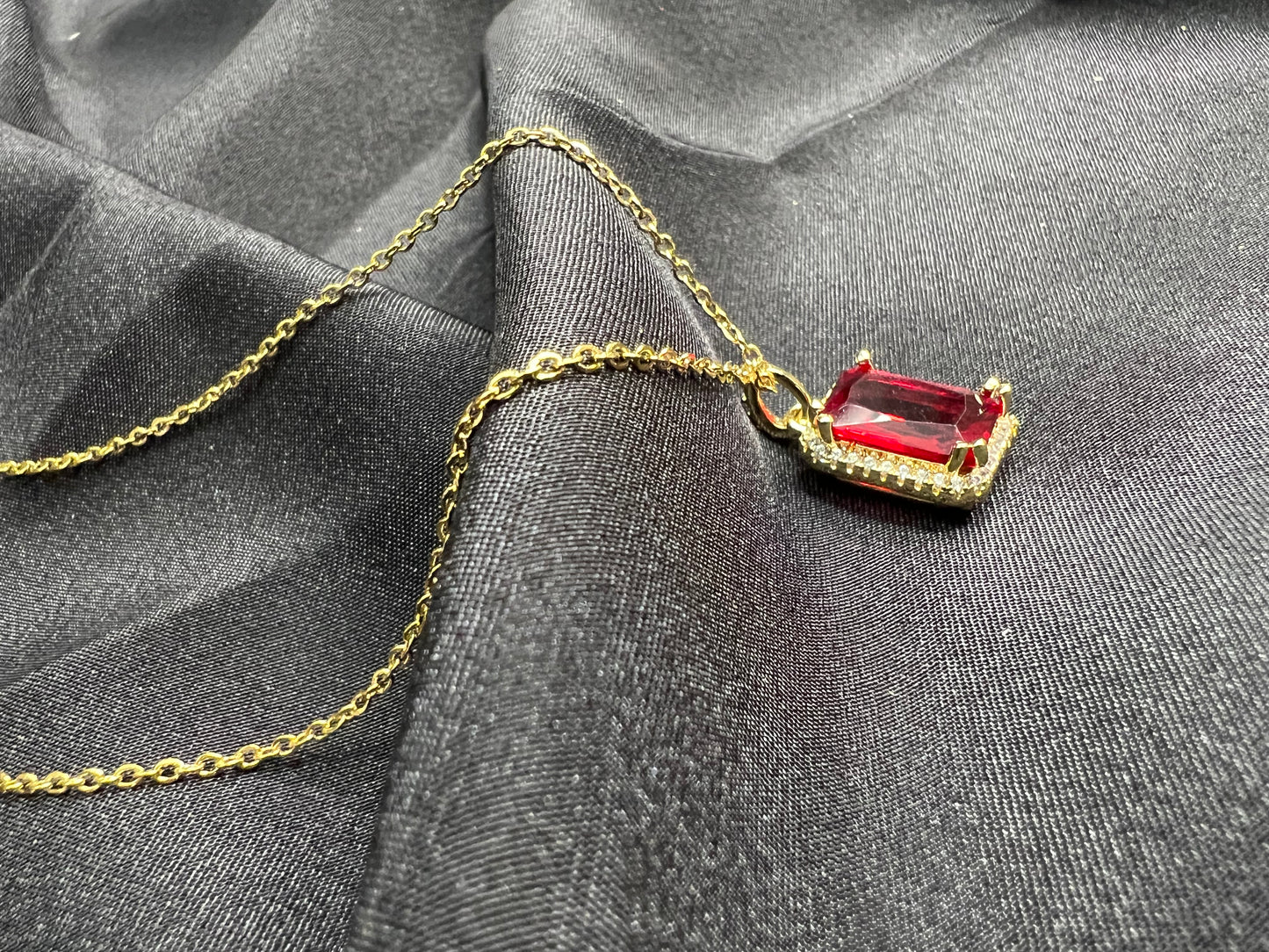 Gold Necklace -  Red Stone Pendant Rectangle