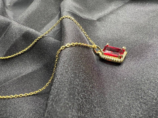 Gold Necklace -  Red Stone Pendant Rectangle