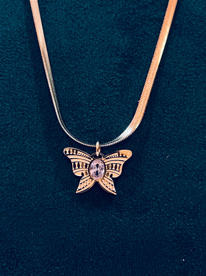 Gold Butterfly With Diamond Pendant Necklace