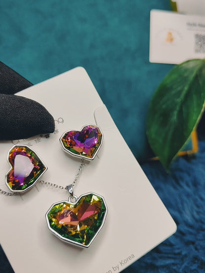 Multicolor Heart Alloy Pendant with Earrings