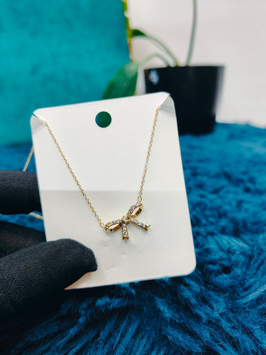 Gold AD Studded Bow Necklace