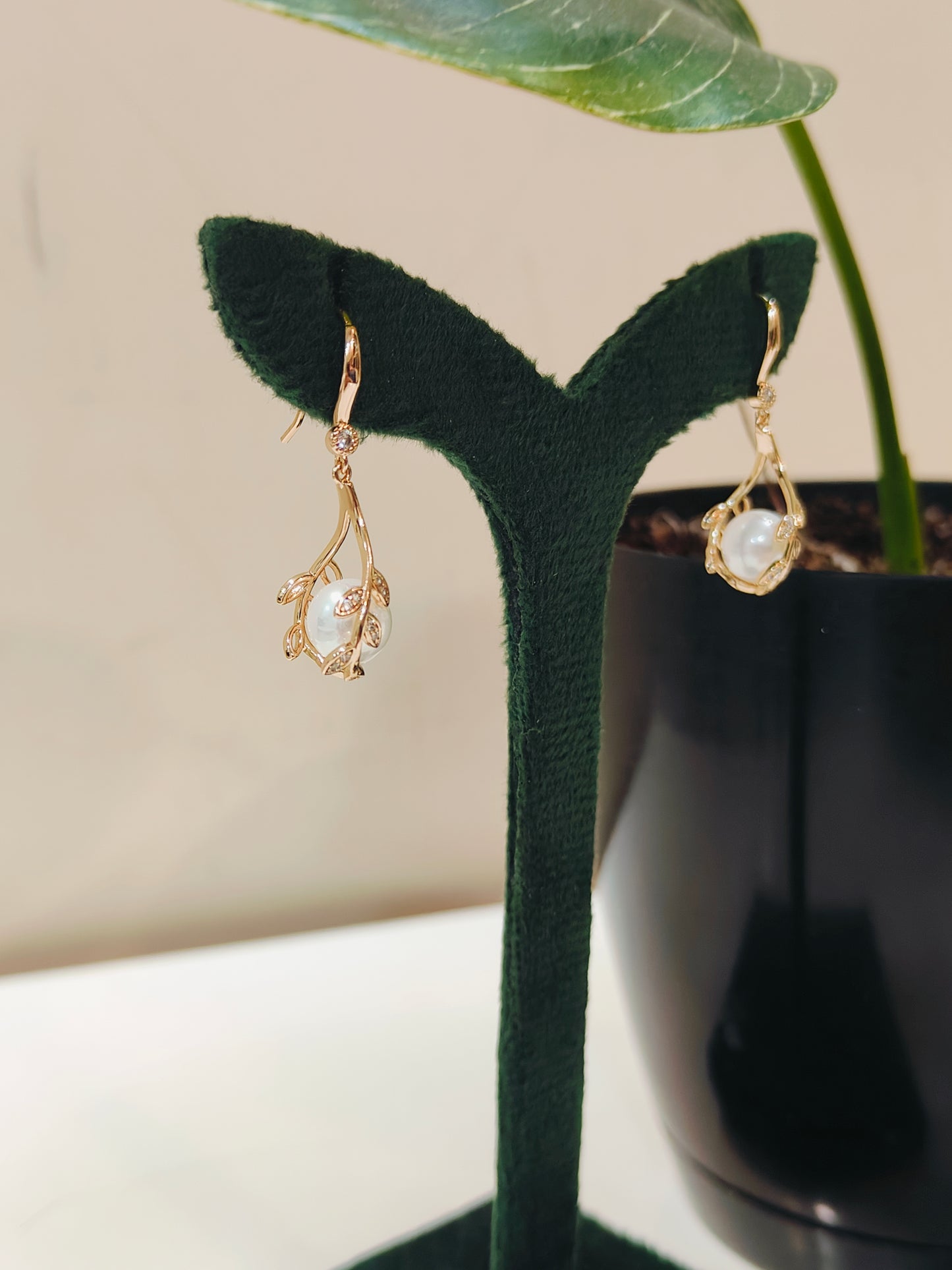 Rose Gold Vine Shape Pearl Dangle Earrings For Women