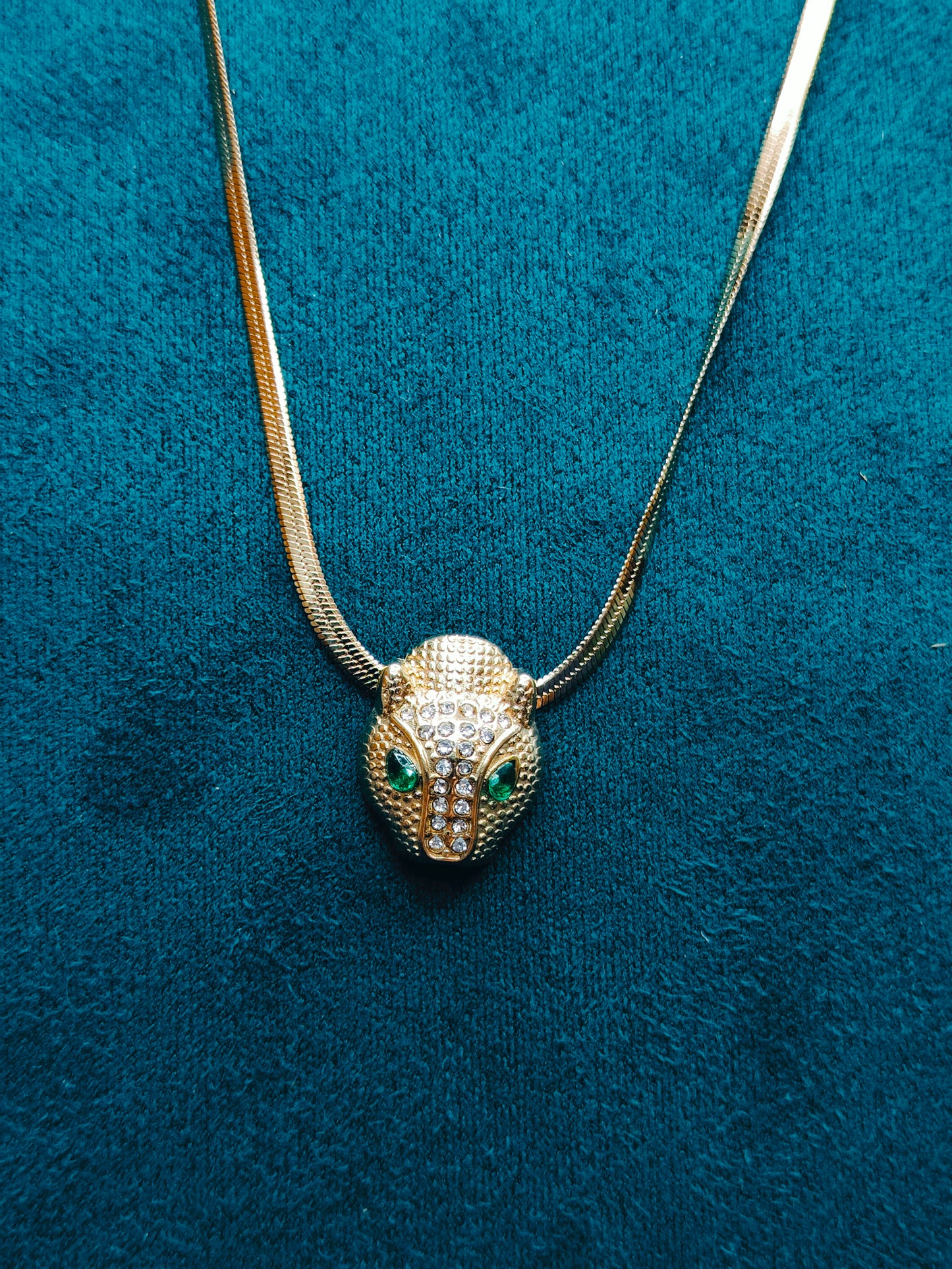 Gold AD Studded and Panther Textured Pendant Necklace|Green Stone