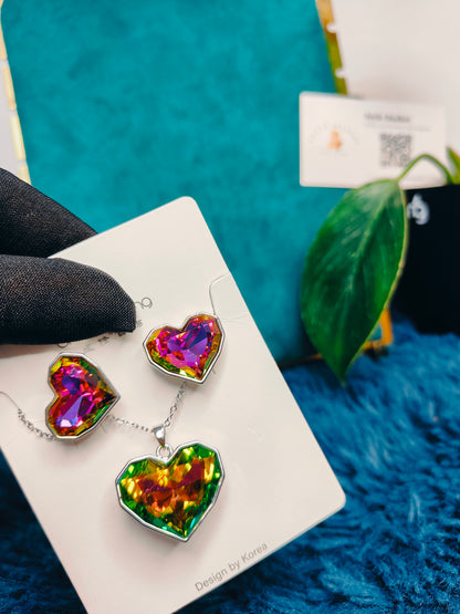 Multicolor Heart Alloy Pendant with Earrings