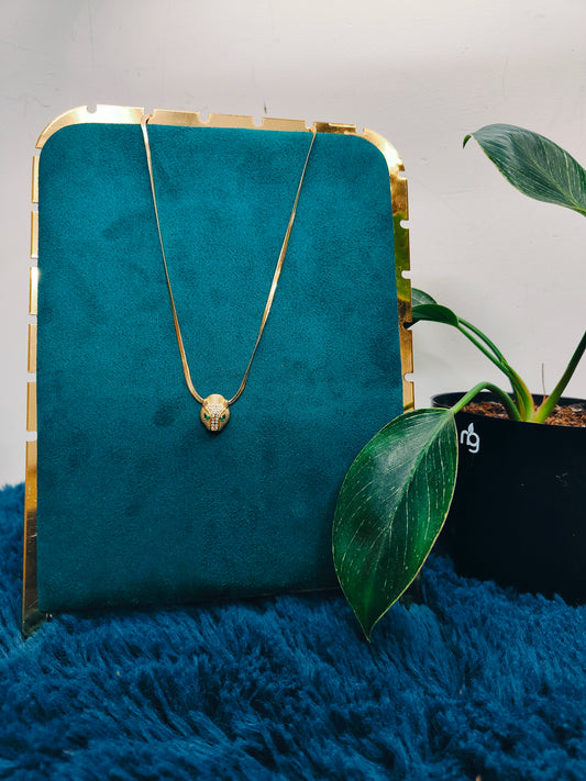 Gold AD Studded and Panther Textured Pendant Necklace|Green Stone