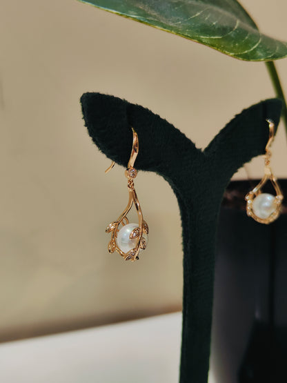 Rose Gold Vine Shape Pearl Dangle Earrings For Women