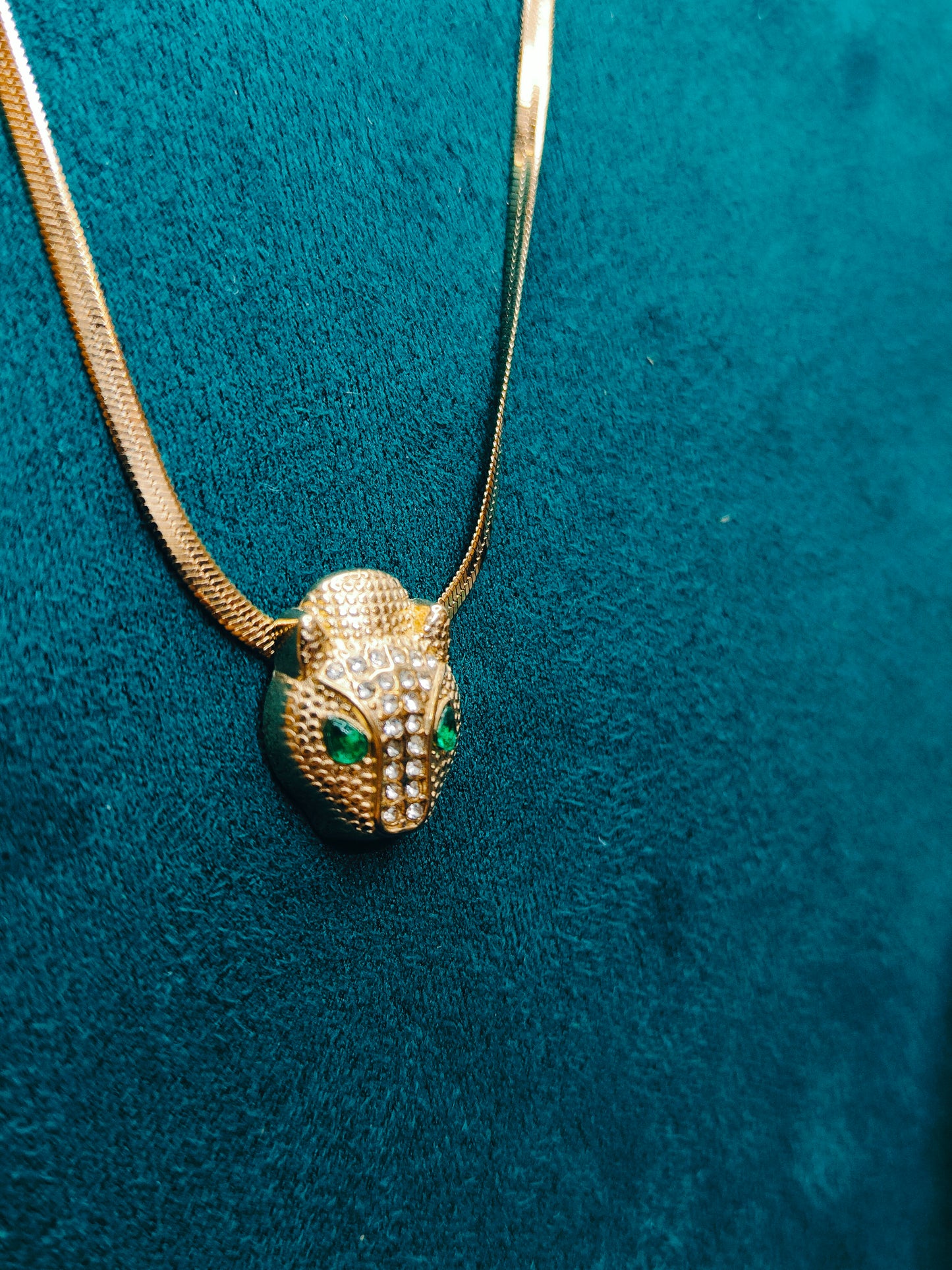 Gold AD Studded and Panther Textured Pendant Necklace|Green Stone