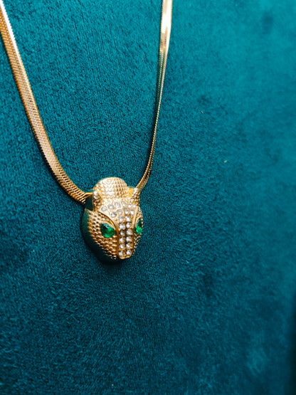 Gold AD Studded and Panther Textured Pendant Necklace|Green Stone